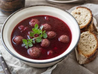 Barszcz litewski z gałkami mięsnymi w talerzu