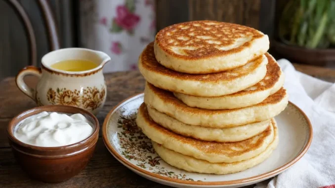 Bliny ruskie z roztopionym masłem i gęstą śmietaną