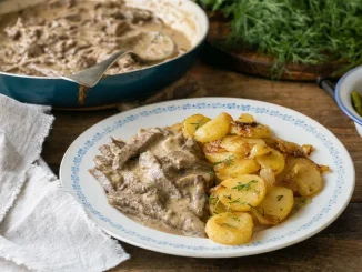 Boeuf Strogonow w kwaśnej śmietanie z przysmażanymi ziemniakami