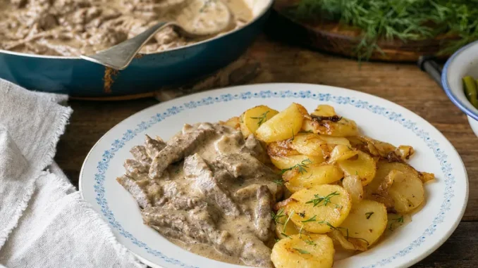 Boeuf Strogonow w kwaśnej śmietanie z przysmażanymi ziemniakami