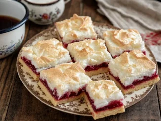 Ciastka z pianką i marmoladą pokrojone w kwadraty