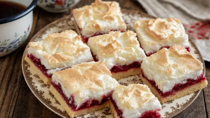 Ciastka z pianką i marmoladą pokrojone w kwadraty