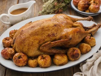Gęś pieczona z jabłkami na półmisku