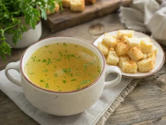 Grzyby do rosołu, czyli przypiekane kwadraciki z ciasta, obok rosół