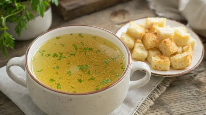 Grzyby do rosołu, czyli przypiekane kwadraciki z ciasta, obok rosół