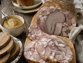 Salceson domowy wędzony z ozorem pokrojony w plastry