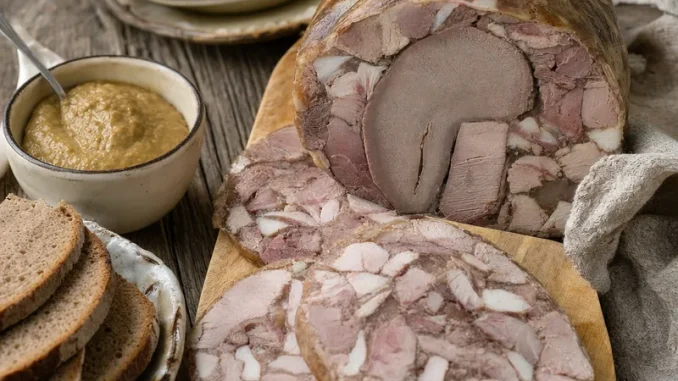 Salceson domowy wędzony z ozorem pokrojony w plastry