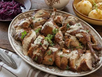 Kaczka dzika pieczona, pokrojona i polana sosem śmietanowym