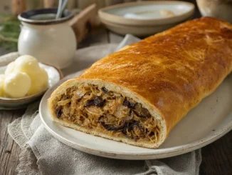 Kulebiak z kiszoną kapustą i grzybami pokrojony na desce