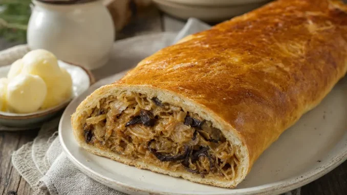 Kulebiak z kiszoną kapustą i grzybami pokrojony na desce