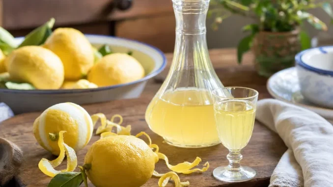 Likier cytrynowy w karafce i kieliszku ze skórką cytryny
