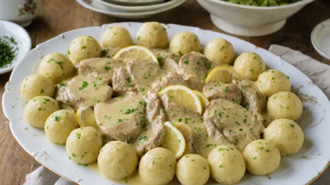 Potrawka cielęca frykando w jasnym sosie z knedlami i cytryną