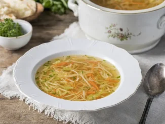 Rosół rumiany Julienne z jarzynami pokrojonymi w cienkie paski