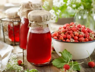 Sok poziomkowy w buteleczkach i świeże poziomki