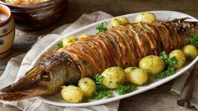 Szczupak szpikowany słoniną z młodymi ziemniakami