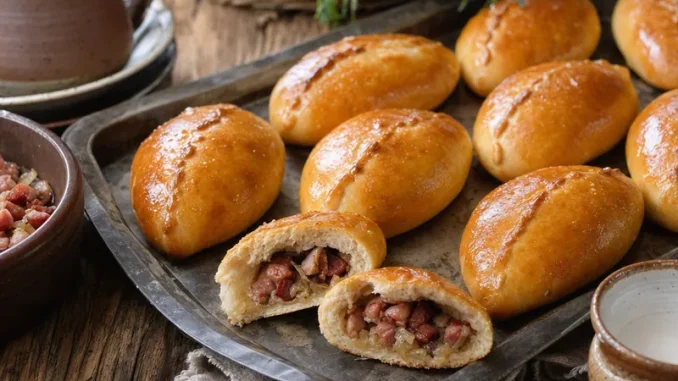 Szpekuchy, pieczone pierożki drożdżowe z boczkiem i cebulą