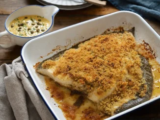 Turbot zapiekany pod bułką z sosem holenderskim