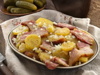 Ziemniaki z wędzonką duszone w garnku, posypane pieprzem i cebulą