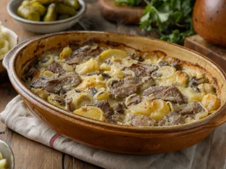 Zrazy nelsońskie z ziemniakami, cebulą i grzybami w naczyniu żaroodpornym