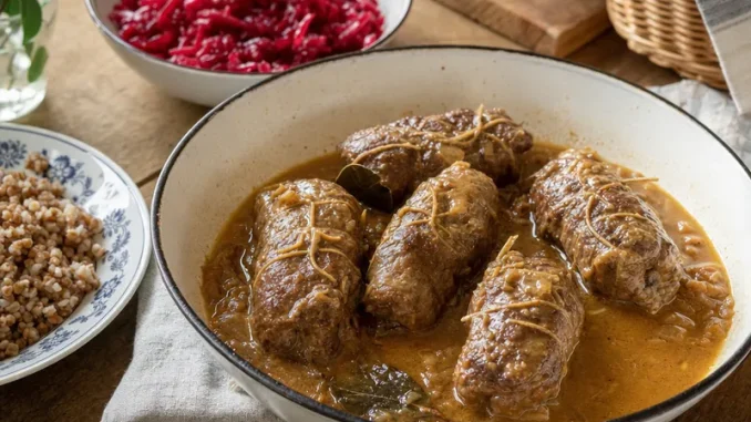 Zrazy zawijane litewskie w sosie z kaszą gryczaną