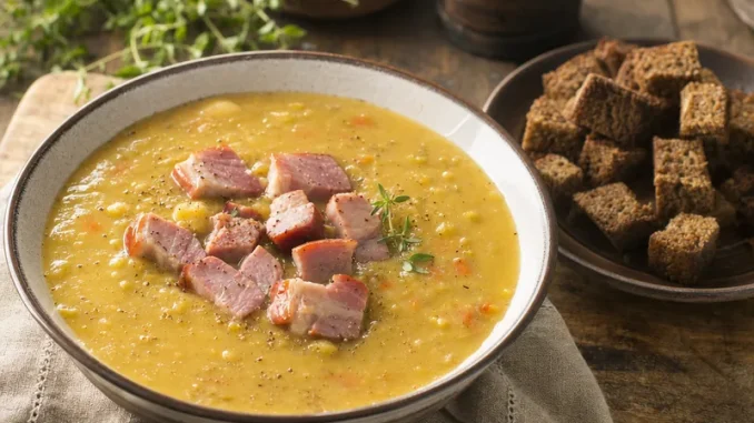 Zupa grochowa z kawałkami wędzonki i grzankami