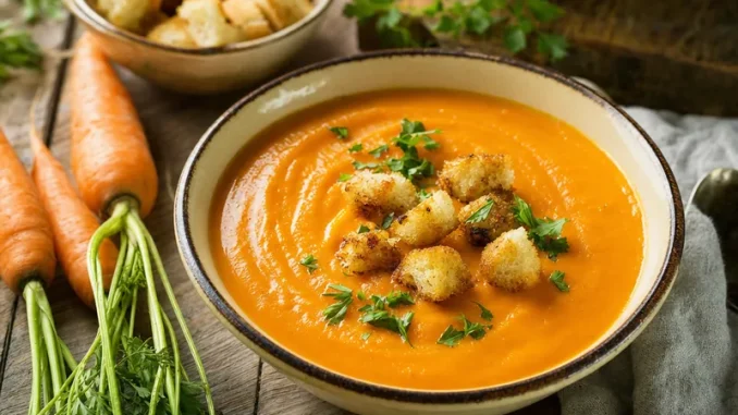 Zupa marchwiowa Crécy z grzankami w talerzu