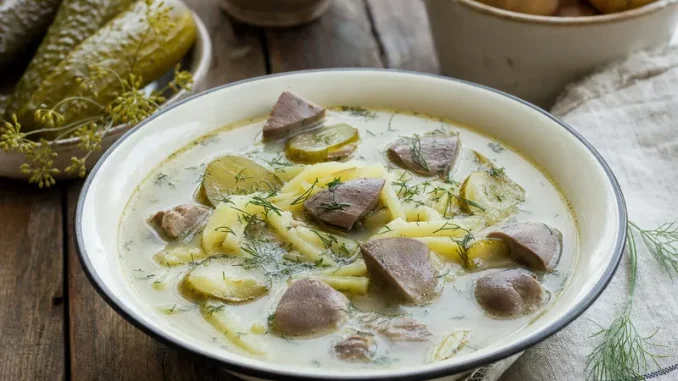 Zupa ogórkowa na cynaderkach z ziemniakami i koperkiem