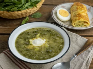 Zupa szczawiowa z jajkiem na twardo i zwiniętym omlecikiem