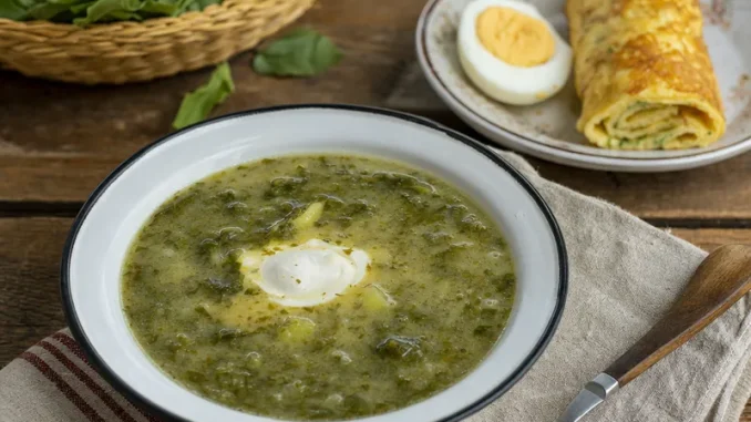 Zupa szczawiowa z jajkiem na twardo i zwiniętym omlecikiem