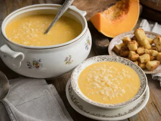 Zupa z dyni na mleku z ryżem i grzankami