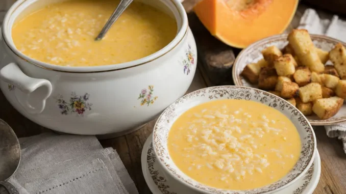 Zupa z dyni na mleku z ryżem i grzankami