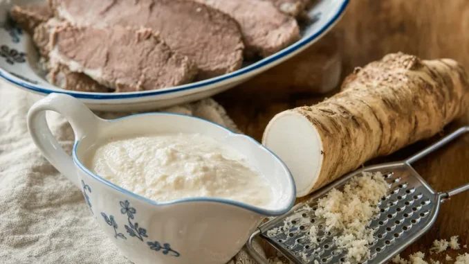 Chrzan ze śmietaną w sosjerce i świeży korzeń chrzanu