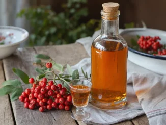Jarzębinówka w butelce i owoce jarzębiny