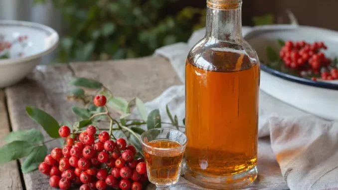 Jarzębinówka w butelce i owoce jarzębiny