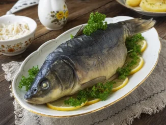 Karp gotowany na niebiesko z cytryną i pietruszką