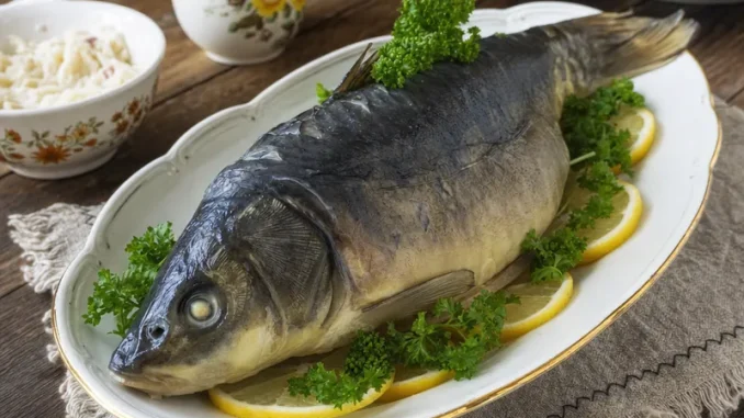 Karp gotowany na niebiesko z cytryną i pietruszką