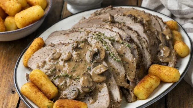 Pieczeń barania po holendersku z sosem pieczarkowym