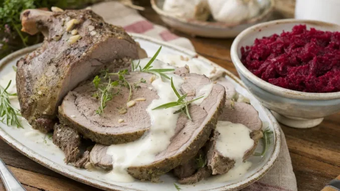 Pieczeń barania z rożna z sosem śmietanowym i buraczkami