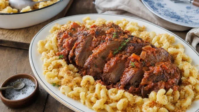 Pieczeń barania z sosem pomidorowym i makaronem
