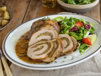 Pieczeń nerkowa zwijana pokrojona w plastry z sosem