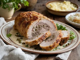 Pieczeń wieprzowa z farszem pokrojona w plasterki