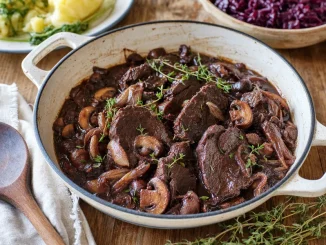 Potrawa z udźca jeleniego w winie z pieczarkami