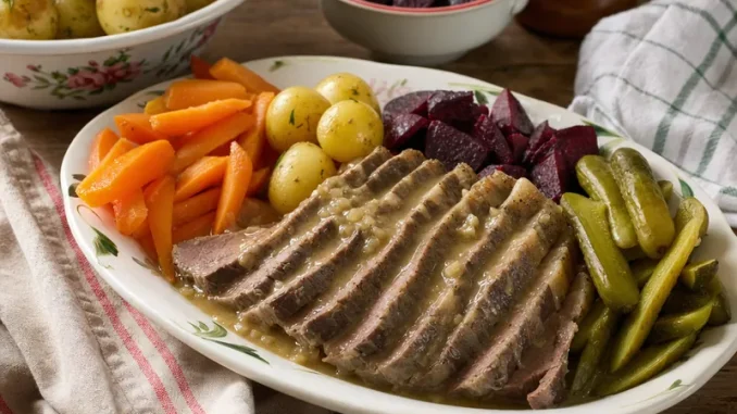 Sztuka mięsa w parze z jarzynkami i korniszonami