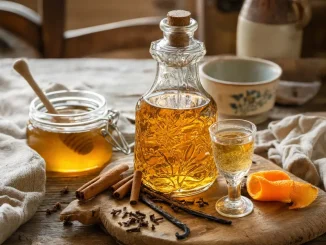 Wódka krupnik polski w butelce, miód i przyprawy