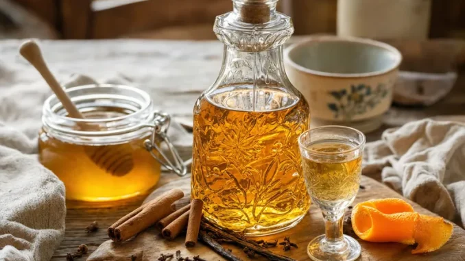 Wódka krupnik polski w butelce, miód i przyprawy